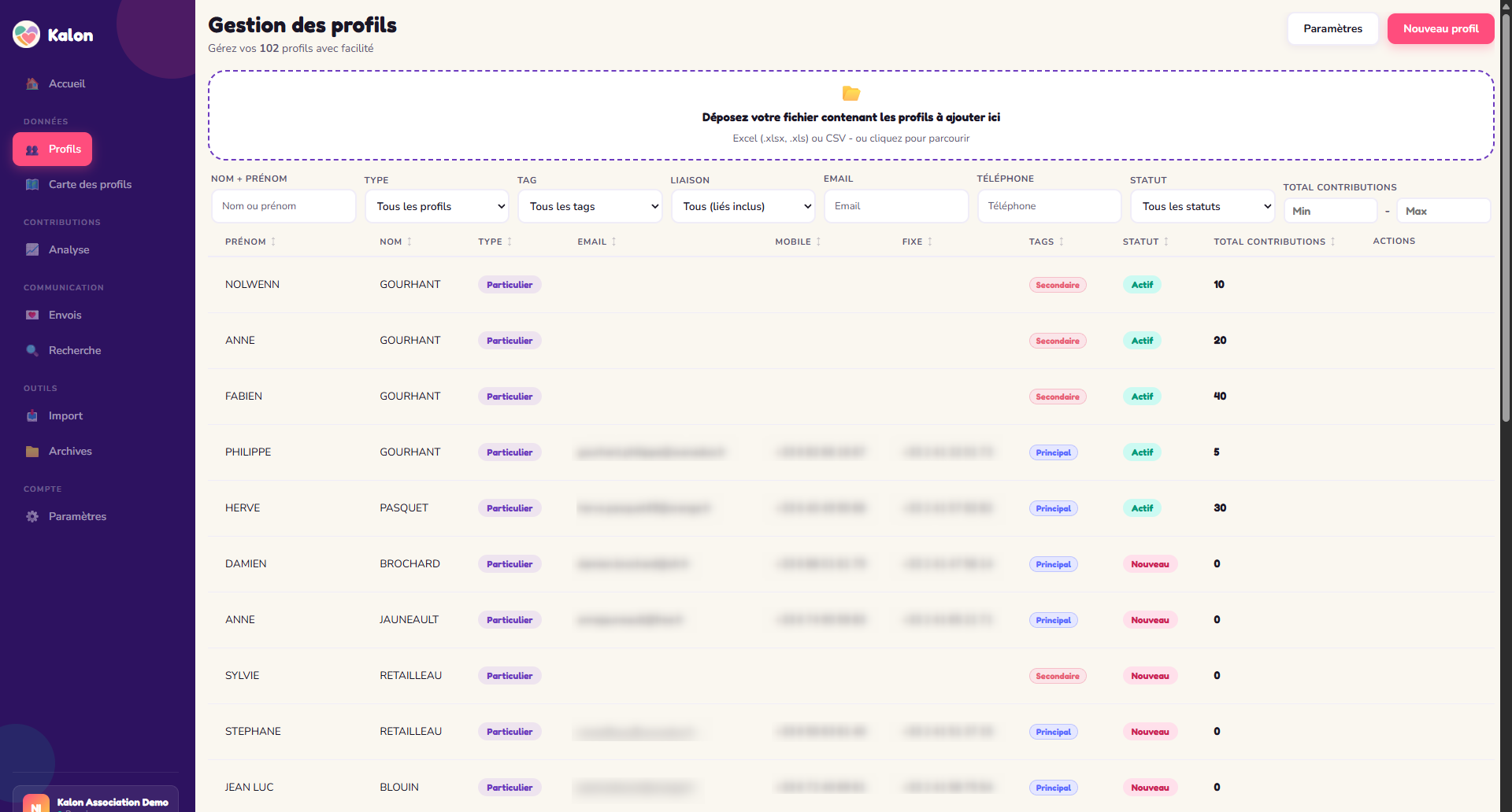 Capture Kalon : Profils (CRM)